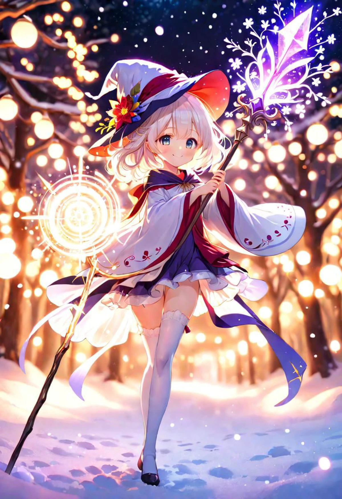 anime, cute girl, wizard hat, robe, thigh-highs, holding ancient staff, happy, midnight, bloom, ambient occlusion, glow, glowing lights, light particles, transparent, translucent, bokeh, depth of field, snow, wind