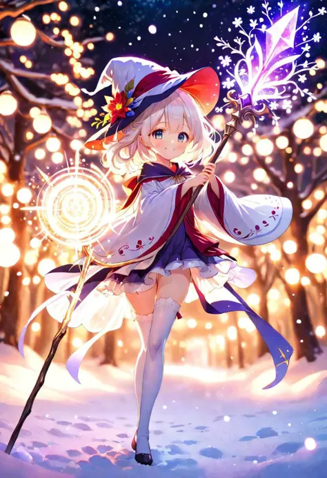 anime, cute girl, wizard hat, robe, thigh-highs, holding ancient staff, happy, midnight, bloom, ambient occlusion, glow, glowing lights, light particles, transparent, translucent, bokeh, depth of field, snow, wind