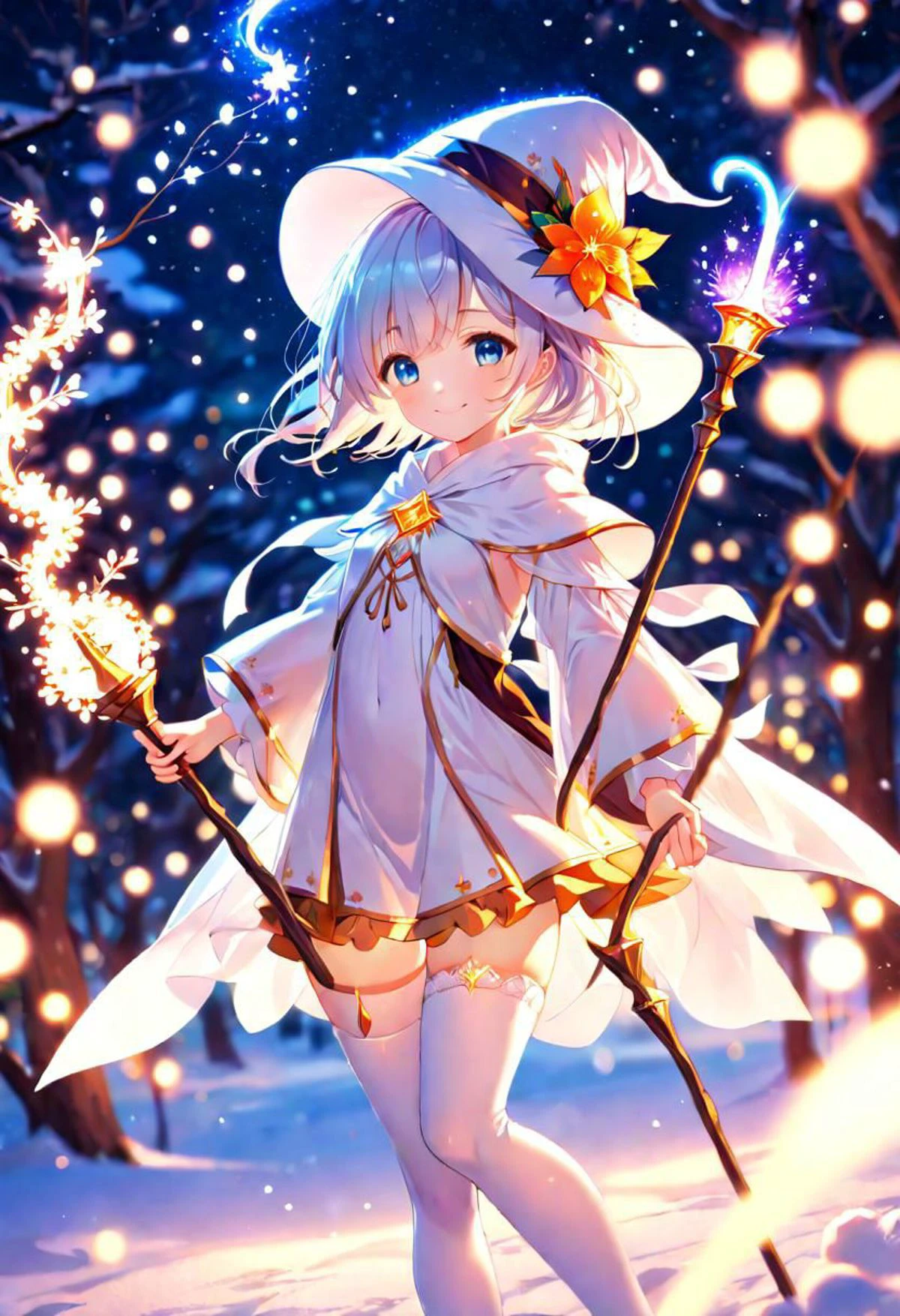 anime, cute girl, wizard hat, robe, thigh-highs, holding ancient staff, happy, midnight, bloom, ambient occlusion, glow, glowing lights, light particles, transparent, translucent, bokeh, depth of field, snow, wind
