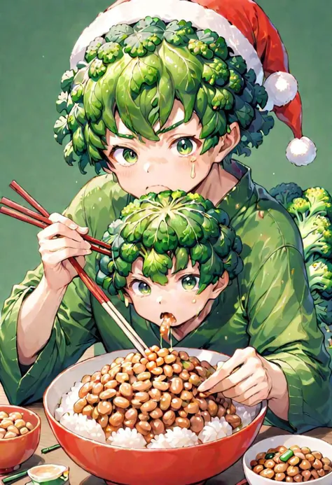 Illustration of a xmasbroccoliman intently eating natto rice using chopsticks