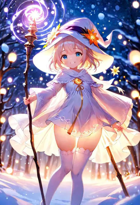 anime, cute girl, wizard hat, robe, thigh-highs, holding ancient staff, happy, midnight, bloom, ambient occlusion, glow, glowing lights, light particles, transparent, translucent, bokeh, depth of field, snow, wind