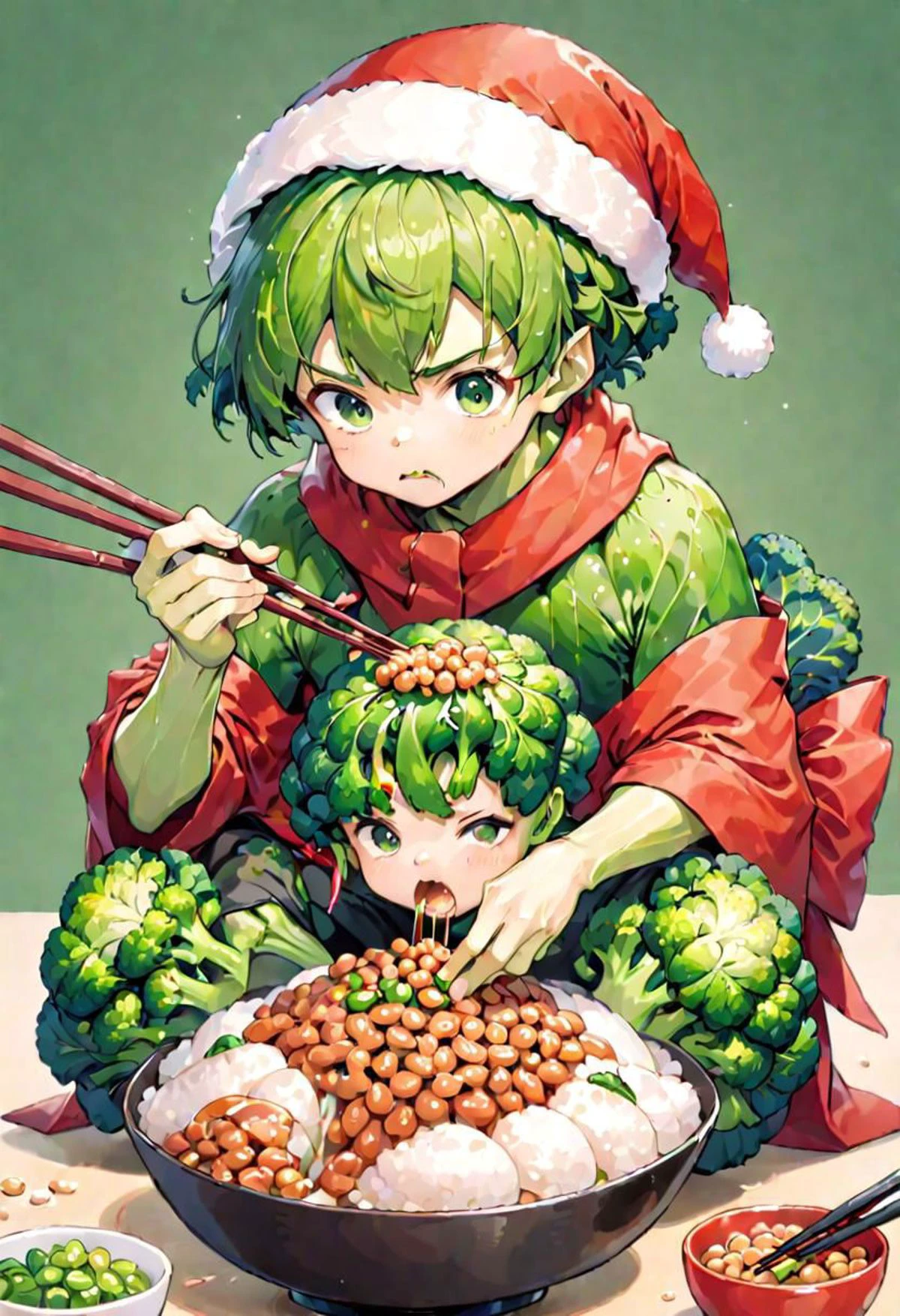 Illustration of a xmasbroccoliman intently eating natto rice using chopsticks