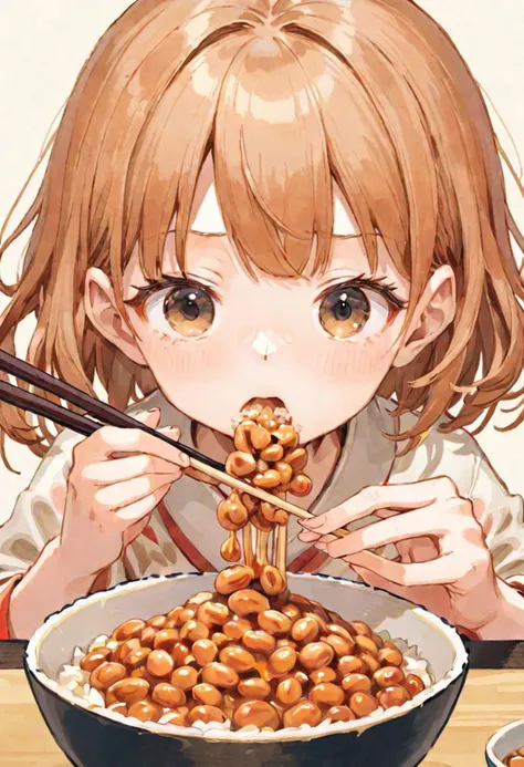 Illustration of a girl intently eating natto rice using chopsticks