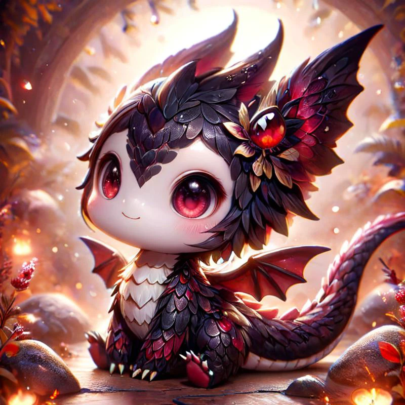 ral-smoldragons, cute, small dragon, wings, nature in background, intricate details, butterflies, whimsical, fantasy, mysterious, colorful, glowing <lora:ral-smoldragons-sdxl:1> <lora:ObsidianRuby:0.8> ObsidianRuby