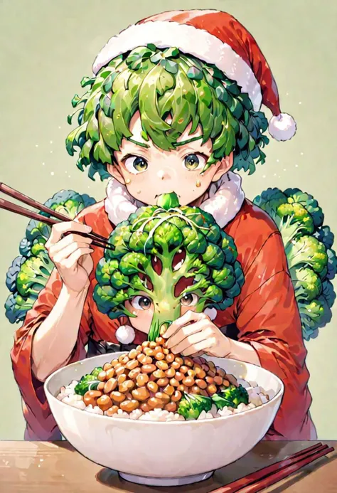 Illustration of a xmasbroccoliman intently eating natto rice using chopsticks