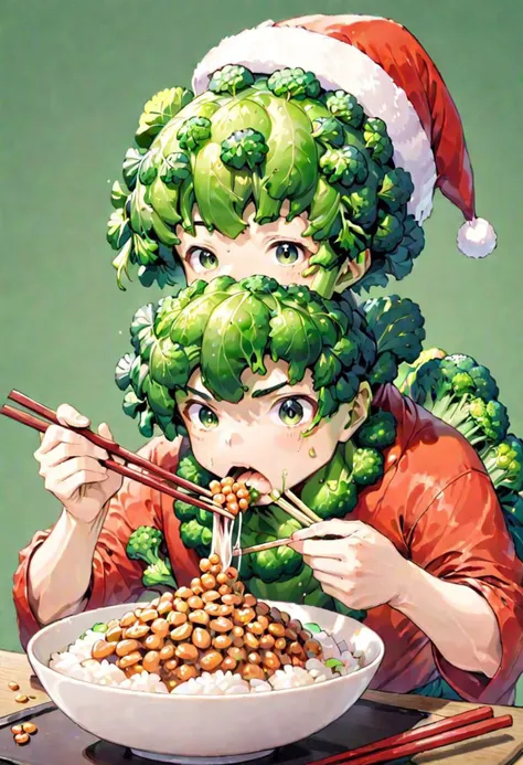 Illustration of a xmasbroccoliman intently eating natto rice using chopsticks