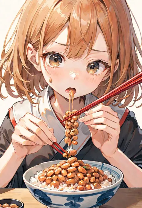 Illustration of a girl intently eating natto rice using chopsticks