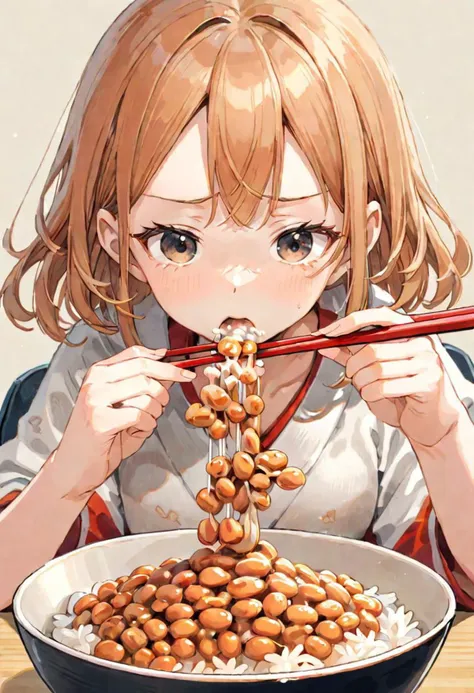 Illustration of a girl intently eating natto rice using chopsticks