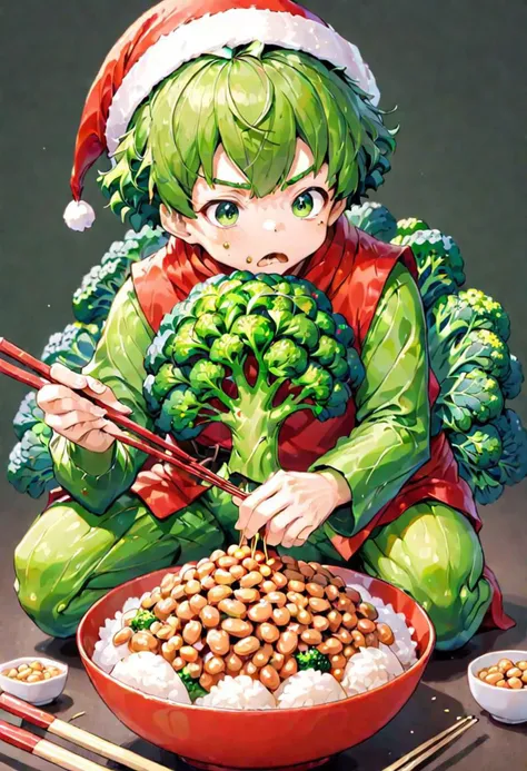 Illustration of a xmasbroccoliman intently eating natto rice using chopsticks