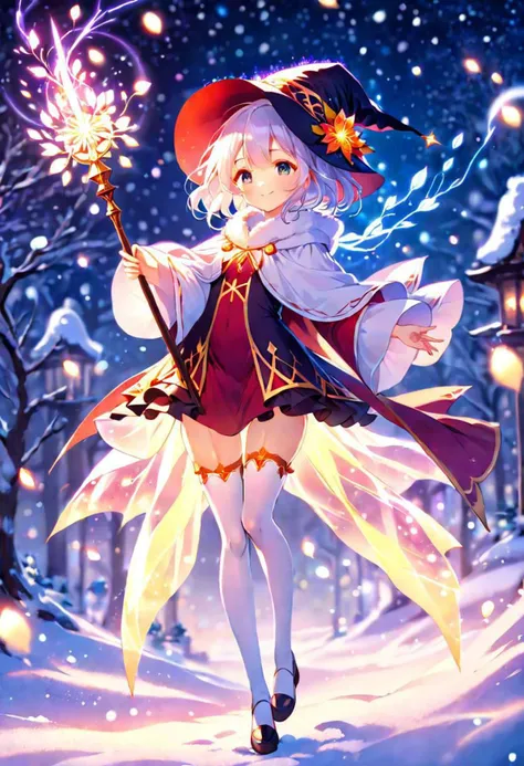anime, cute girl, wizard hat, robe, thigh-highs, holding ancient staff, happy, midnight, bloom, ambient occlusion, glow, glowing lights, light particles, transparent, translucent, bokeh, depth of field, snow, wind