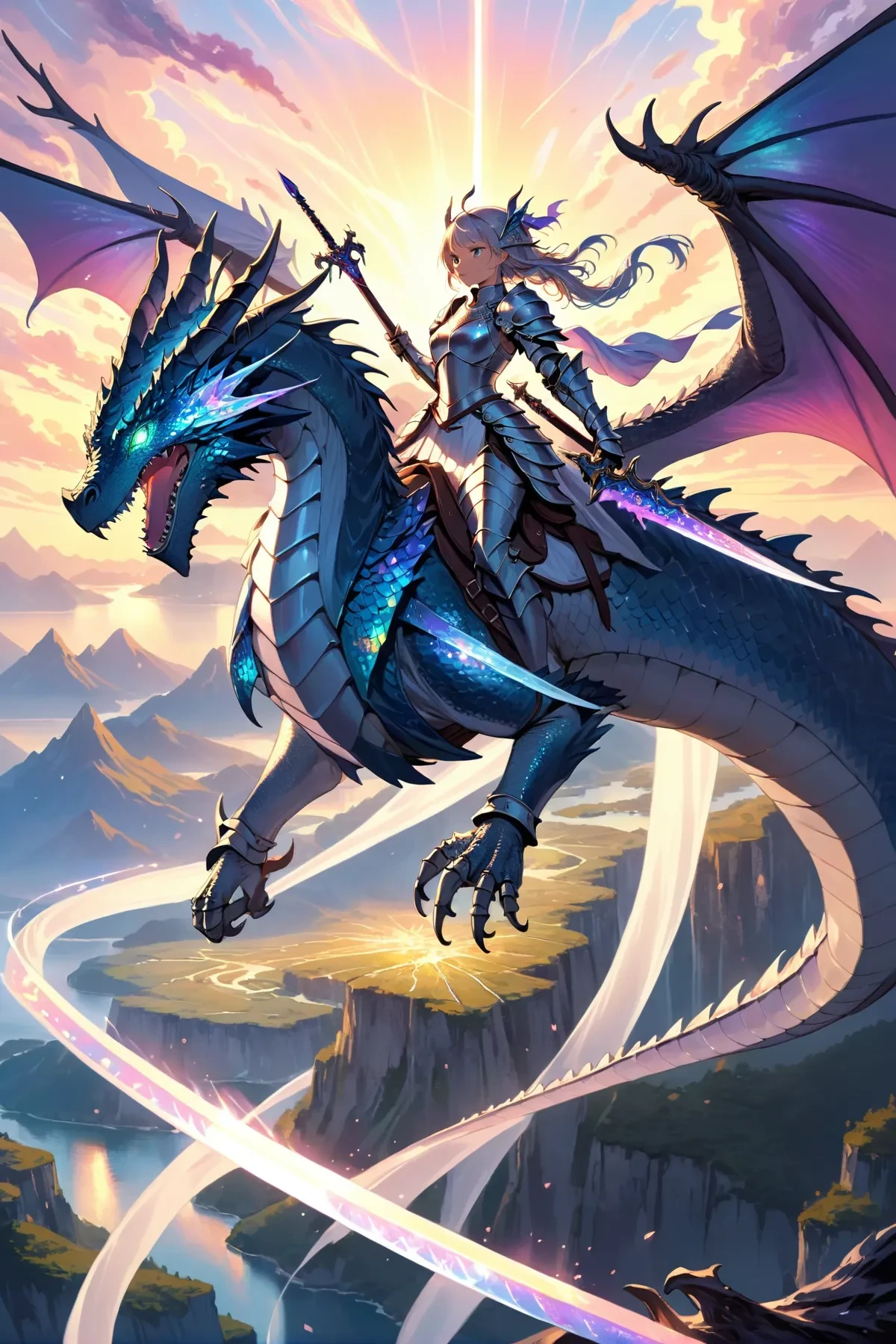 Illustration of a female knight in armor riding a majestic dragon, holding a glowing sword while soaring over a breathtaking fantasy landscape. The dragon's scales shimmer with iridescence as it spreads its wings wide, exuding power and elegance.