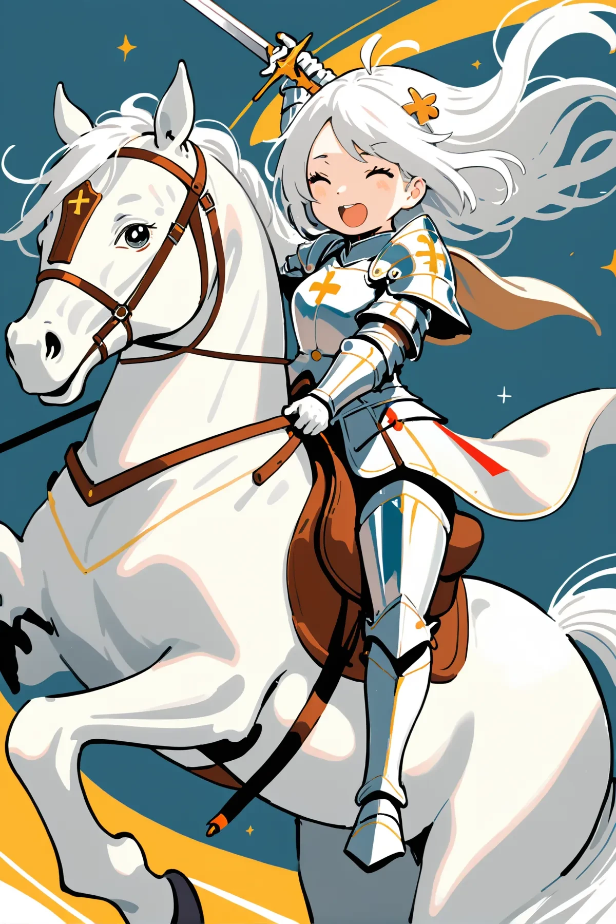 Illustration of a female knight riding a white horse with a joyful expression, holding a shining sword high in the air as the wind whips through her hair and the iconic Miffy character, wearing a tiny suit of armor, sits on the horse s back looking determined and brave.