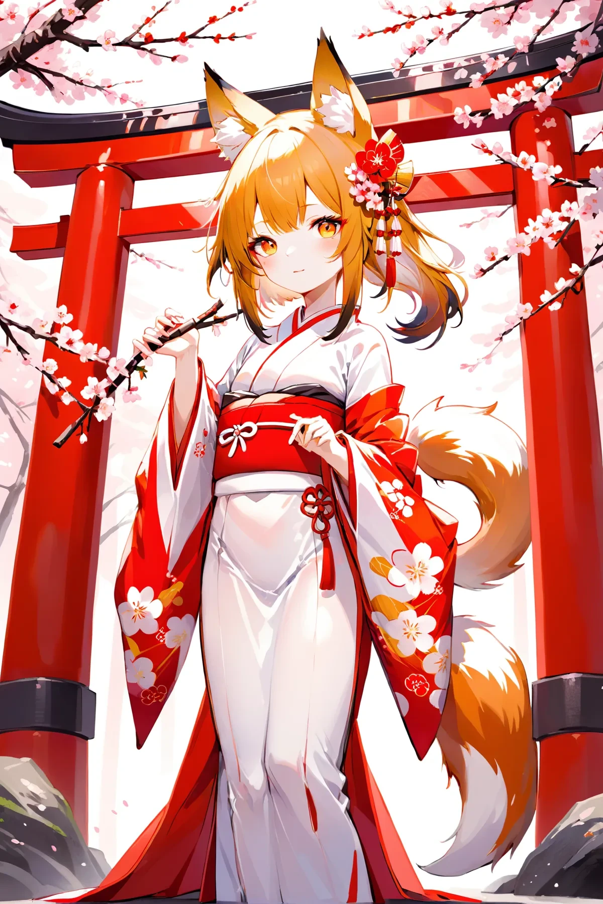 Illustration of a young fox shrine maiden standing in front of a traditional Japanese torii gate, wearing a flowing white and red kimono with fox ears and a tail, holding a sakura branch with blossoms. She gazes at the viewer with mesmerizing golden eyes, carrying an aura of mysticism and grace.0