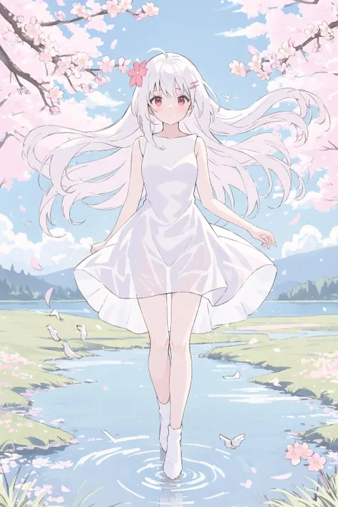 (Highest picture quality), (Master's work),(Detailed eyes description),(Detailed face description),
1girl,red eyes,white hair,(very long hair),very long hair (floating in the wind),hair ornament,white dress,small breast,bare legs,white socks,leather shoes,arms and hands behind back,blush,fluttering grass,(spring,sakura blossoms),petals,(lens flare),altocumulus,dazzling light,cool breeze,(shade) of [a sakura tree],meadow,(the grass is growing and the birds are flying),(lake,surface reflection)