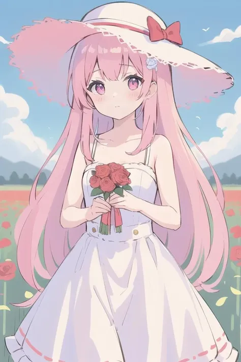 (masterpiece, best quality), 1girl, flower, solo, dress, holding, sky, cloud, hat, outdoors, bangs, bouquet, rose, expressionless, blush, pink hair, flower field, red flower, pink eyes, white dress, looking at viewer, midium hair, holding flower, small breasts, red rose, holding bouquet, sun hat, white headwear, depth of field,