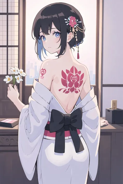 (masterpiece, top quality, best quality, official art, beautiful and aesthetic:1.2),1girl, tattoo, solo, japanese clothes, hair ornament, unsheathing, black hair, sheath, back tattoo, blue eyes, off shoulder, bare shoulders, looking back, from behind, flower, looking at viewer, holding, makeup,
indoor,