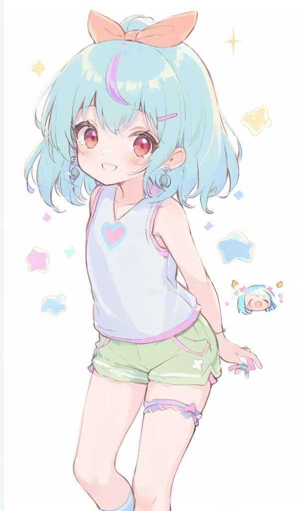 A cute girl ,(ite,chibi:1.2),(Rainbow colored hair, colorful hair), (messy, messy), crystal earrings, white vest, green shorts, ((arms behind back)), ((Leaning forward to the left)),Big bow decoration, red hand rope, with a happy smile, a playful smile, a carefree look, leg rings, brown socks, blue sneakers