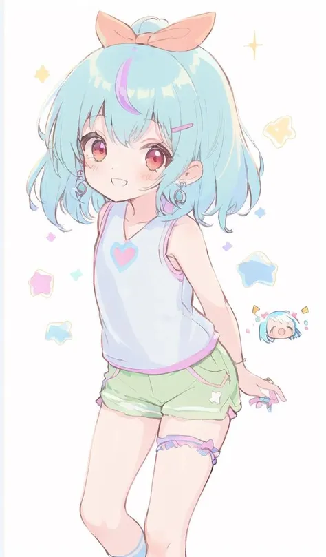 A cute girl ,(petite,chibi:1.2),(Rainbow colored hair, colorful hair), (messy, messy), crystal earrings, white vest, green shorts, ((arms behind back)), ((Leaning forward to the left)),Big bow decoration, red hand rope, with a happy smile, a playful smile, a carefree look, leg rings, brown socks, blue sneakers