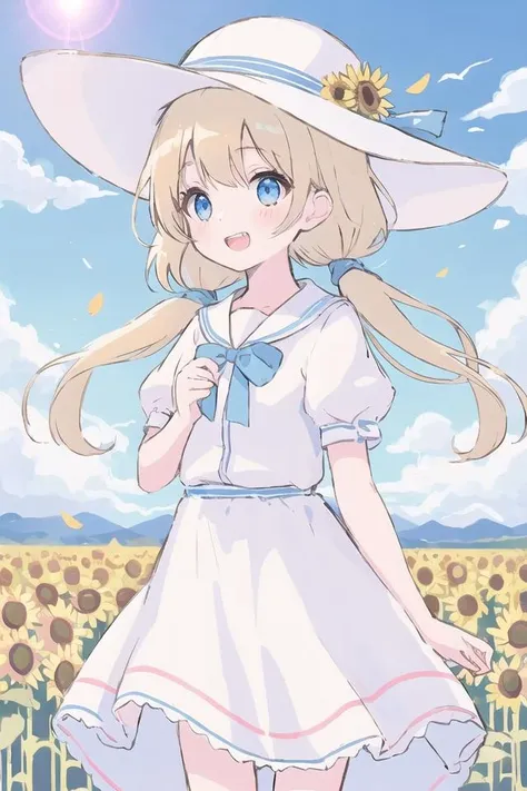 cute ***********,,solo,wind,pale-blonde hair, blue eyes,very long twintails,white hat,blue sky,laugh,double tooth,,lens flare,dramatic, coastal,
flying petal, flowery field, sky, sun,field, sunflower, masterpiece, best quality,