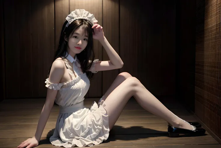 ((1gril)),face to face, wear a white dress, nighttime, midnight, dark, RTX, photorealistic lighting, photo taken in ancient japan, extremely detailed flowing hair, realistic hair, realistic shadows, absurdres, hyperdetailed, 4k, (black eyes), (beautiful girl: 1.4), (masterpiece),Ultra Detail, (Best Quality), (Ultra High Definition), (Masterpiece), Photorealistic:1.3, smiling, balanced pupil, symmetical pupil and iris,chromatic_aberration:0.8, dynamic_color_range, lens_distortion:0.7, (sitting:1.3),((Delicate hand)), from side,full body, <lora:Japanese maid dress v4_20230708143241:0.75> , apron,skirt,maid headdress,looking at viewer,high heels,smile,sitting in a bathroom, <lora:add_detail:0.5>