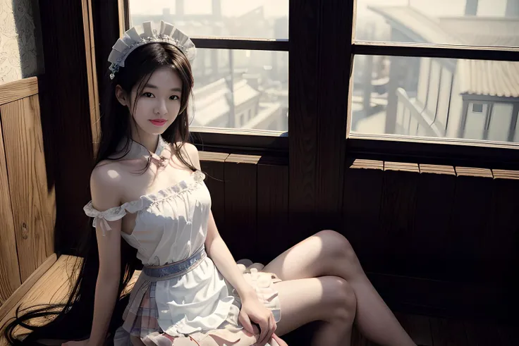 ((1gril)),face to face, wear a white dress, nighttime, midnight, dark, RTX, photorealistic lighting, photo taken in ancient japan, extremely detailed flowing hair, realistic hair, realistic shadows, absurdres, hyperdetailed, 4k, (black eyes), (beautiful girl: 1.4), (masterpiece),Ultra Detail, (Best Quality), (Ultra High Definition), (Masterpiece), Photorealistic:1.3, smiling, balanced pupil, symmetical pupil and iris,chromatic_aberration:0.8, dynamic_color_range, lens_distortion:0.7, (sitting:1.3),((Delicate hand)), from side,full body, <lora:Japanese maid dress v4_20230708143241:0.75> , apron,skirt,maid headdress,looking at viewer,high heels,smile,sitting in a bathroom, <lora:add_detail:0.5>