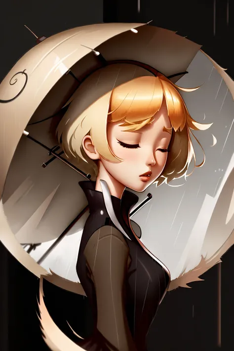 gear00d, a girl with umbrella in the rain with a full moon in the background, short hair, blonde hair, holding, closed eyes, umbrella, rain, Exact, <lora:gear00d-000010:1>
