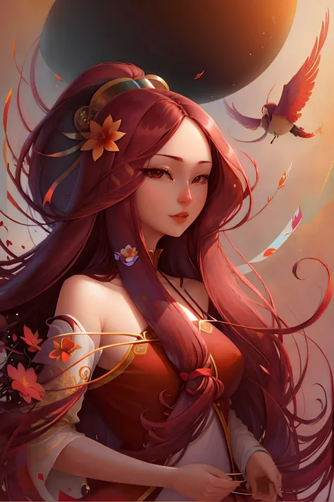 gear00d, beautiful woman, long hair, burgundy, hair ribbon, floating hair, flower, surreal, Precise, <lora:gear00d-000010:1>