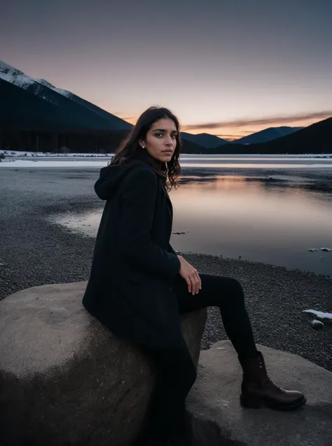 Analog photo, tv_Helena_Falcone_MXAI , sad expression, wearing a winter coat, wearing winter pants, wearing winter boots, sitting on a rock by a frozen mountain lake, midnight, moonlight, shot from the side, PA7_Portrait-FL, (((Ultra-HD-details, Ultra-HD-detailed, Ultra-HD-realistic, Ultra-HD-photo-same-realistic-quality-details))), 8k uhd, dslr, soft lighting, high quality, film grain, Fujifilm XT3