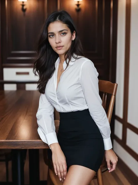 Analog photo, tv_Helena_Falcone_MXAI , angry expression, wearing a pencil skirt, wearing a dress shirt, wearing a blazer, standing at the edge of a conference table, shot from below, ((cowboy shot)), PA7_Portrait-HL_v2, (((Ultra-HD-details, Ultra-HD-detailed, Ultra-HD-realistic, Ultra-HD-photo-same-realistic-quality-details))), 8k uhd, dslr, soft lighting, high quality, film grain, Fujifilm XT3