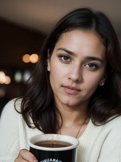Analog photo, tv_Helena_Falcone_MXAI , wearing a cozy sweater, sitting in a cafe, holding a cup of steaming tea, flirty expression,, (((Ultra-HD-details, Ultra-HD-detailed, Ultra-HD-realistic, Ultra-HD-photo-same-realistic-quality-details))), 8k uhd, dslr, soft lighting, high quality, film grain, Fujifilm XT3
