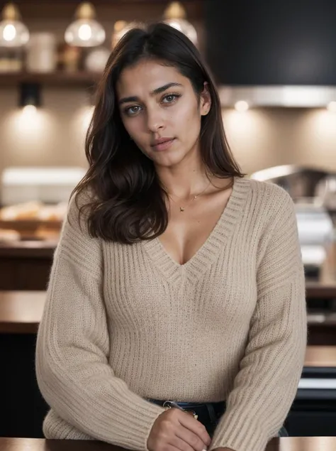 Analog photo, tv_Helena_Falcone_MXAI , wearing a cozy knitted sweater, sitting in a café, holding a steaming mug with both hands, happy expression,, (((Ultra-HD-details, Ultra-HD-detailed, Ultra-HD-realistic, Ultra-HD-photo-same-realistic-quality-details))), 8k uhd, dslr, soft lighting, high quality, film grain, Fujifilm XT3