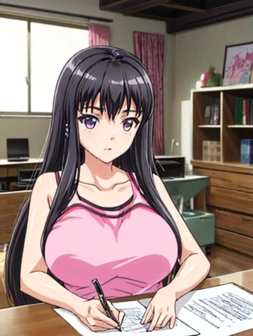 best quality, masterpiece, highres, detailed, digital illustration, <lora:Detail - add_detail:0.2>, <lora:Character - HimenoKisara:0.8>, himenokisara, black hair, long hair, large breasts, home, desk, drawing, pink tank top,