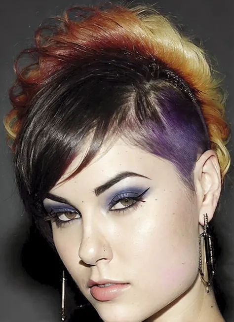 portrait of sks woman by Flora Borsi, style by Flora Borsi, bold, bright colours, rainbow Mohawk haircut, ((Flora Borsi)), <lora:locon_sasha_v1_from_v1_64_32:1.25>