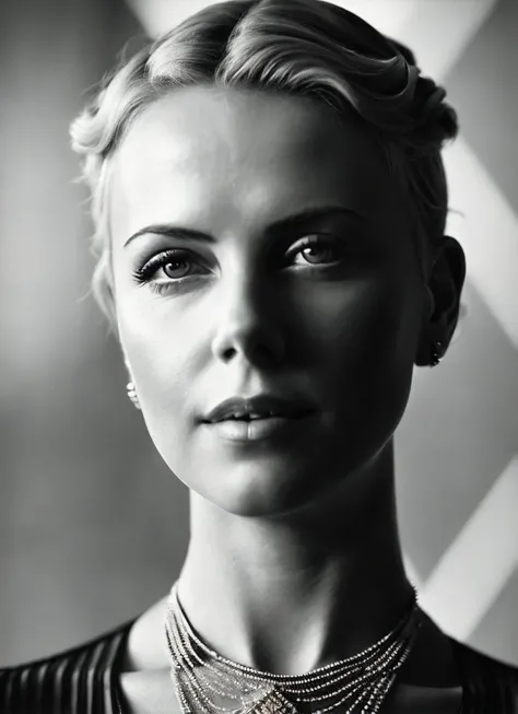 A 1930s professional photograph of sks woman, ((detailed face)), (High Detail), Sharp, 8k, ((bokeh)), <lora:locon_charlize_v1_from_v1_64_32:1.25>