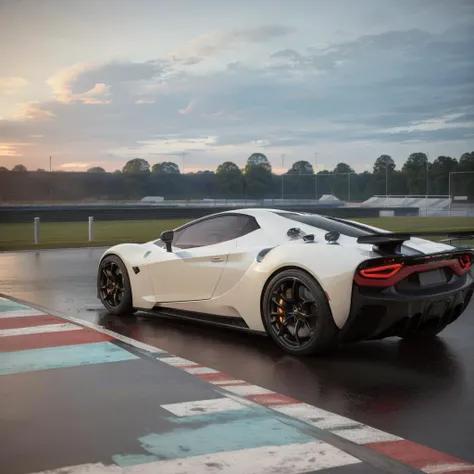 masterpiece, (photorealistic:1.4)Wide angle Environmental shot in raining racetrack , futuristic hypercar , low angle , side profile , motion blur <lora:hypercars-10:1>