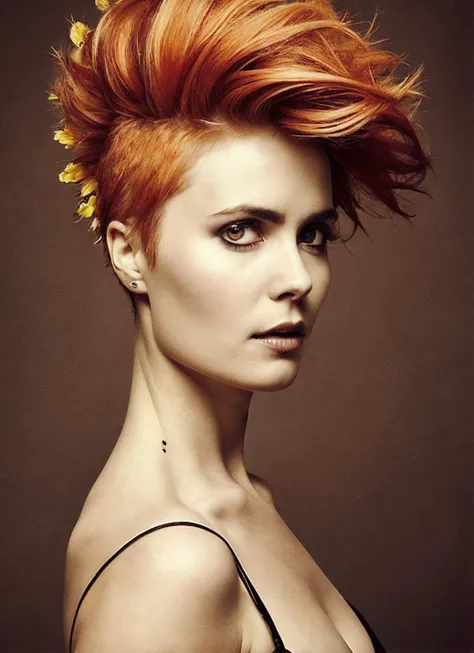 portrait of sks woman by Flora Borsi, style by Flora Borsi, bold, bright colours, orange Mohawk haircut, ((Flora Borsi)), <lora:locon_radha_v1_from_v1_64_32:1.3>
