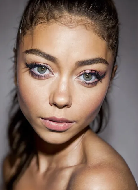 portrait of sks woman, epic (photo, studio lighting, hard light, sony a7, 50 mm, matte skin, pores, colors, hyperdetailed, hyperrealistic), <lora:locon_sarahhyland_v1_from_v1_64_32:1.25>