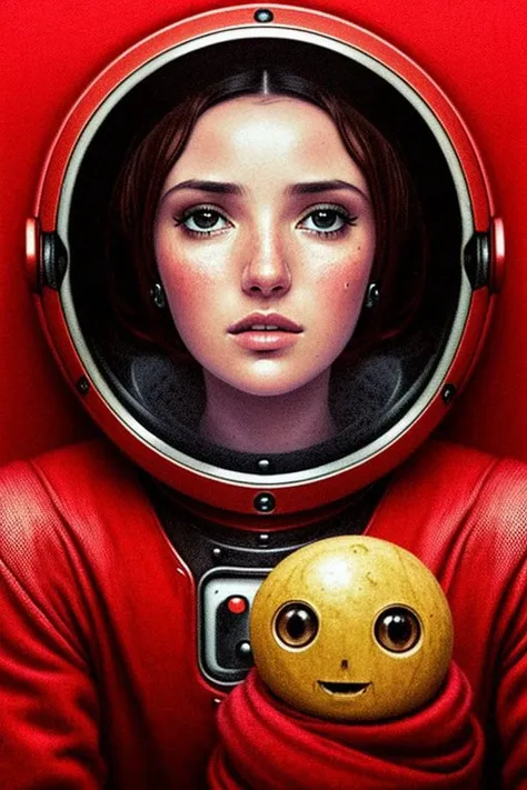 closeup portrait of woman relaxing inside a cozy martian habitat, casual sexy clothes, cyberpunk, (by stanley kubrick, christopher balaskas, artur bordalo:1.1), realistic, robot puppy, lost in thought