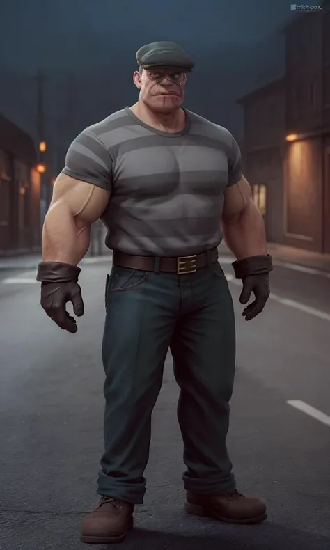 thegoon2023, 1 large man, flat cap, muscular, scar, 8k, uhd, trending on arstation, award winning art, best quality, masterpiece, vibrant color, noir, dramatic lighting, pixar style, gloves,