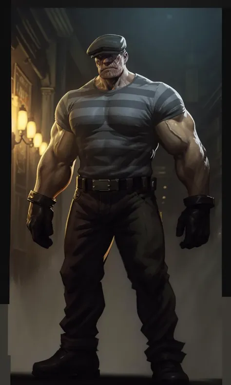 thegoon2023, 1 large man, flat cap, muscular, scar, 8k, uhd, trending on arstation, award winning art, best quality, masterpiece, noir, dramatic lighting, comic, gloves, illustration, EricPowell2023