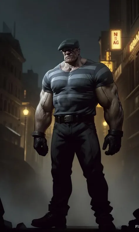 thegoon2023, 1 large man, flat cap, muscular, scar, 8k, uhd, trending on arstation, award winning art, best quality, masterpiece, noir, dramatic lighting, comic, gloves, illustration