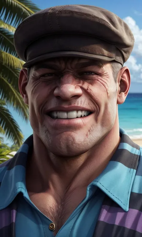 thegoon2023, 1 large man, island beach, flat cap, smile, muscular, scar, 8k, uhd, trending on arstation, award winning art, best quality, masterpiece, vibrant color, photorealistic, hawaiian shirt