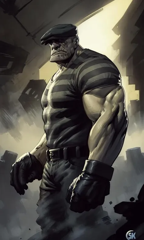 thegoon2023, 1 large man, flat cap, muscular, scar, 8k, uhd, trending on arstation, award winning art, best quality, masterpiece, noir, dramatic lighting, comic, gloves, illustration, EricPowell2023
