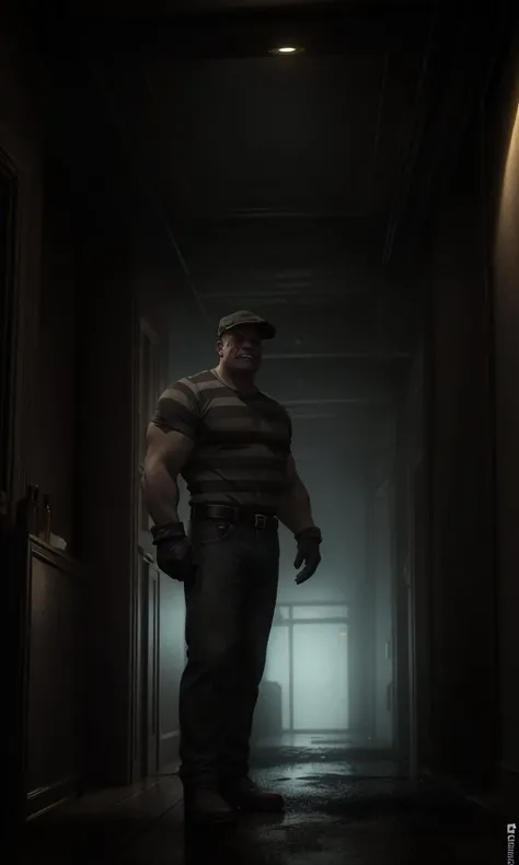 thegoon2023, 1 large man, 1930s style bar, striped t-shirt, gloves, flat cap, gritting teeth, muscular, scar, 8k, uhd, trending on arstation, award winning art, best quality, masterpiece, vibrant color, photorealistic, cinematic lighting, dramatic lighting, scene from movie, dark scene