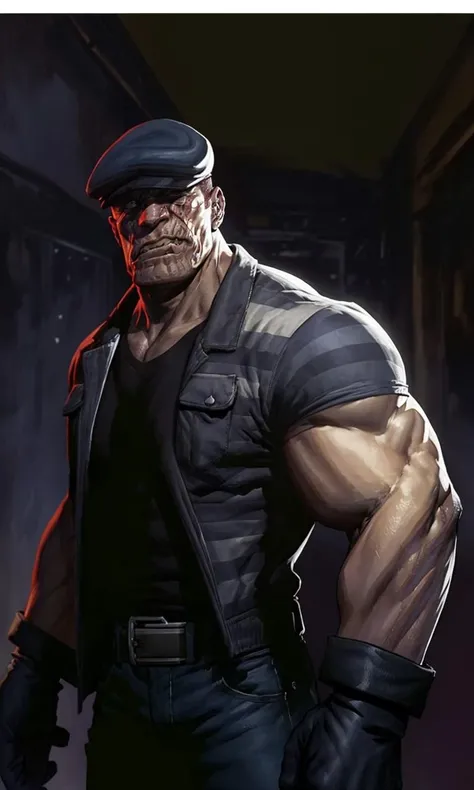 thegoon2023, 1 large man, flat cap, muscular, scar, 8k, uhd, trending on arstation, award winning art, best quality, masterpiece, noir, dramatic lighting, comic, gloves, illustration, EricPowell2023