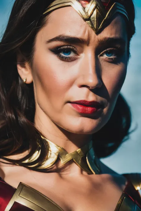up close photo emb dressed as wonder woman, high quality, masterpiece, 8k,<lyco:EmilyBlunt-RealVision-V1.0:1.0>