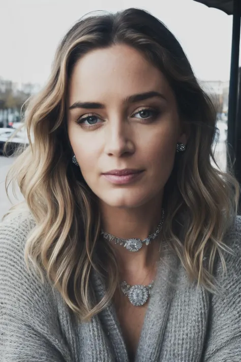 emb piercing eyes, looking straight, very happy,wavy hair , wearing a gray sweater, diamond choker, closeup portrait, in a outdoor cafe in 2015, afternoon light,<lyco:EmilyBlunt-RealVision-V1.0:1.0>,