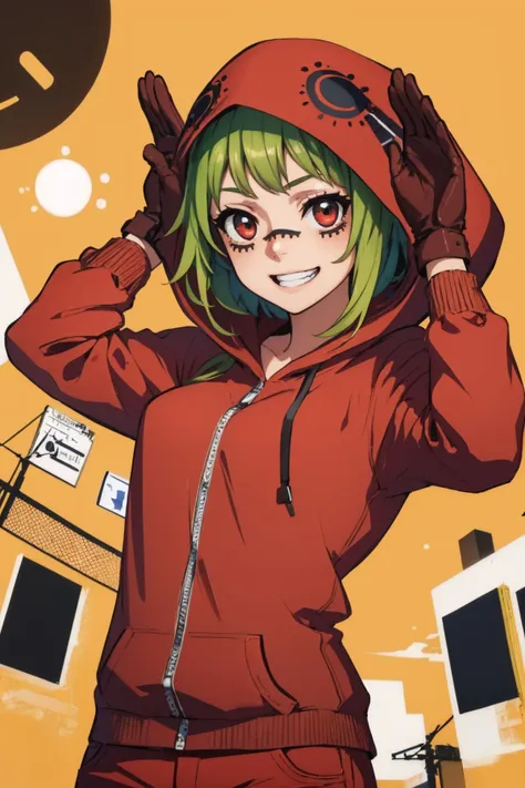 (masterpiece, best quality:1.2), solo, 1girl, matrygumi, grin, looking at viewer, bunny pose, arms up, red hoodie, hood, gloves, red pants <lora:vocaloid_matryoshka-10:0.9> <lora:BunnyPose:0.8>