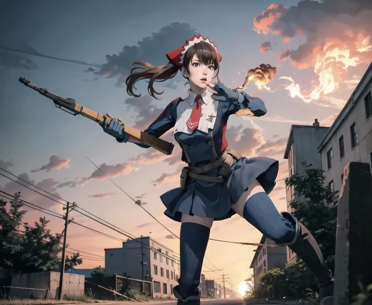 photorealisti,realistic,masterpiece,best quiality,8k illustration,absurdres,highres,1girl,alicia melchiott,headdress, red necktie, military uniform, gloves, blue thighhighs,running towards viewer,jumping,(holding winchster rifle),combat,in the town,broken buildings,airplane,bomb,sky scraper,smokes,fire cracker,wind,bullet trail,