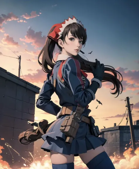 photorealisti,realistic,masterpiece,best quiality,8k illustration,absurdres,highres,symmetry,1girl,alicia melchiott,headdress, red necktie, military uniform, gloves, blue thighhighs,run with rifle,look back,combat,in the town,broken buildings,airplane,bomb,sky scraper,smokes,fire cracker